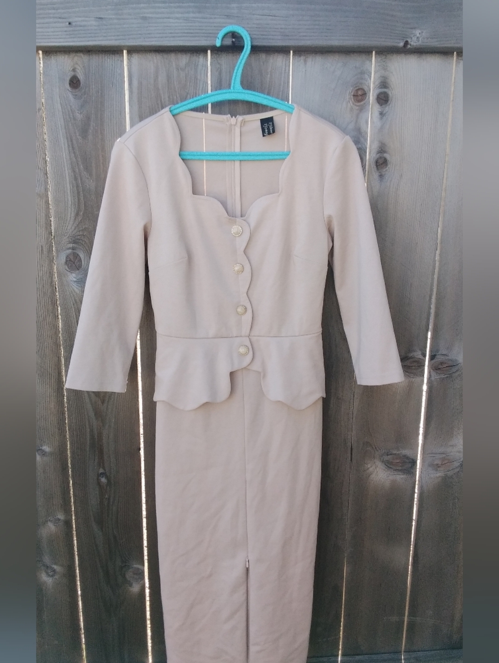 Neutral Midi Dress Knit Pearl Button Scalloped Cream Womens XS